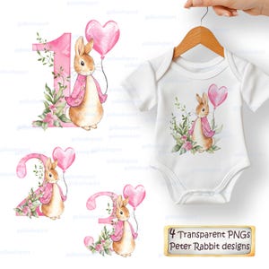 Watercolor Peter Rabbit birthday PNG clipart set with pink jacket bunny, heart balloon, greenery and floral number 1, 2 and 3 designs, shown on a baby bodysuit mockup.