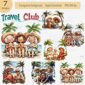 Clipart PNG : Femme voyageant drôle, grand-mère dessin animé, grand-mère sur la plage avec des boissons à la main