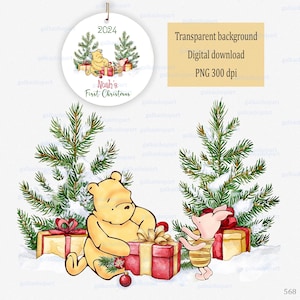 May include: A Christmas ornament with a Winnie the Pooh theme. The ornament has the text "2024" and "Noah's First Christmas". The image also includes a digital download notice. The ornament features Pooh Bear, Piglet, gifts, and Christmas trees.