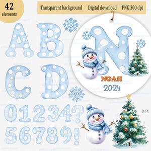 パーソナライズされた名前の飾りとカード用の水玉模様の冬の雪のアルファベットの PNG クリップアート: 水彩クリスマス文字フォント、ファミリーモノグラム
