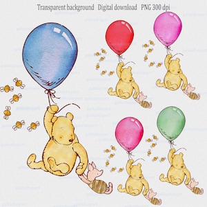 Classic Winnie the Pooh Sublimation Designs: Watercolor Baby Shower & Birthday Clipart, Bear and Piglet with Balloon, Vintage Storybook PNG