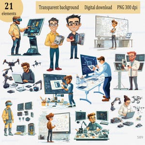 Computer engineer characters clipart PNG, humorous cartoon image; Computer engineering occupation, technical profession, Virtual Interaction