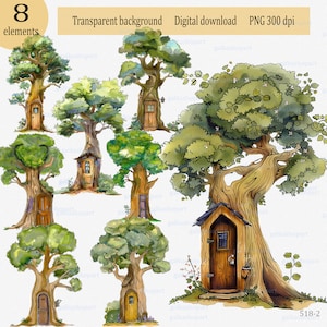 Maison de gnome dans un arbre avec une porte : clipart de dessin animé PNG, arbre à feuilles caduques de la forêt, art numérique botanique Nature des bois Conte de fées La maison de l'ourson