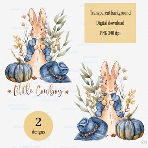 Little Cowboy - Peter Rabbit in spijkerjasje met hoed en pompoen, western kid boy, png-sublimatieontwerp, clipart boerderijleven, plattelandsbaby