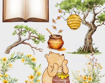 Conjunto de diseños de sublimación con Winnie the Pooh clásico y otros elementos: decoración de baby shower y cumpleaños, oso de acuarela Clipart PNG