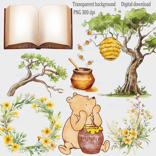 Conjunto de diseños de sublimación con Winnie the Pooh clásico y otros elementos: decoración de baby shower y cumpleaños, oso de acuarela Clipart PNG