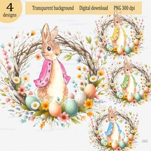 Ostern Peter Rabbit mit Eiern im Blumenkranz, Sublimation PNG, Baby T-Shirt Design, Aquarell Blumen Clipart, Flopsie Bunny