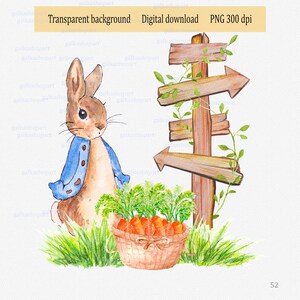 Peter Rabbit Garden PNG – blauw konijntje met geweven mand vol wortelen, aquarel clipart, kinderkamer kunst, sublimatie, uitnodiging ontwerp