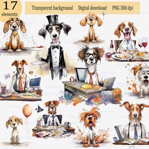 Funny Dog Clipart 17 Png: Watercolor Caricature Pets, cartoon Quirky Puppy, Angry Dog - waiter, having lunch in a restaurant, office worker