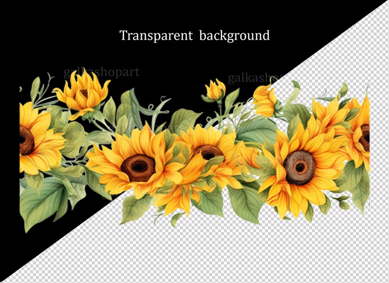 K&ouml;nnte beinhalten: Ein Rand aus Aquarell-Sonnenblumen mit gr&uuml;nen Bl&auml;ttern und Stielen. Die Sonnenblumen sind gelb mit braunen Zentren. Der Hintergrund ist transparent.