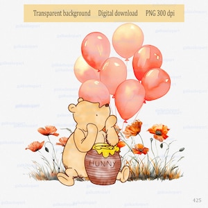 Klassisches Winnie Puuh mit Honig & Luftballons auf Sommerwiese mit Mohnblume: PNG Design für die Druck Sublimation; Aquarell Bär Clipart