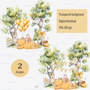 Classic Bear & Pig Clipart PNG: Watercolor Winnie the Pooh and Piglet for Baby Room, Birthday Party Decor, Unisex Nursery Sublimation Design