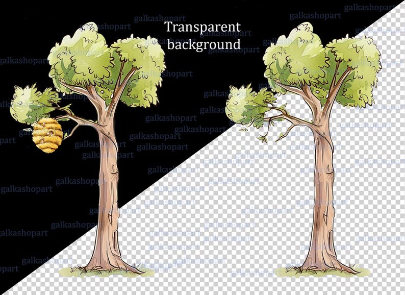 Sommarhögt träd med bikupa, akvarell clipart PNG, Puh-saga, lövträd i skogen för sublimering och tryck av festrekvisita bild 4
