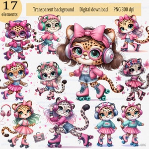 Clipart de patinage à roulettes aquarelle bébé léopard : jolie fille animal dans un casque, sublimation PNG pour t-shirts, tasses, gobelets, décoration d'enfants