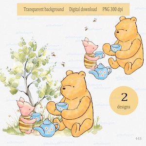 Classic Winnie the Pooh & Piglet tea party: clipart PNG for children party Watercolor sublimation design with bear pig Boys nursery wall art
