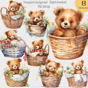Aquarel mooie babyberen in een mand clipart, teddybeer, schattige berenwelp, kinderkamerillustratie