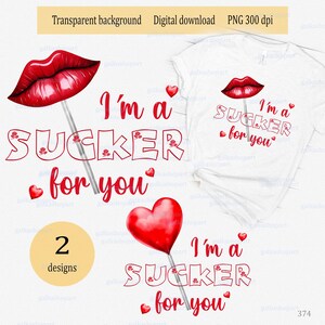 Eu sou um otário por você: Dia dos Namorados, Corações e lábios vermelhos em aquarela, Design de sublimação de pirulito de amor, Clipart PNG para impressão