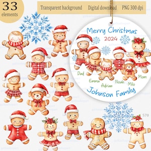 Personalisierte Familie Clipart PNG für Weihnachten Ornament: Anpassbare Lebkuchen Mama Papa Kinder & Haustiere in Nikolausmützen, fügen Sie Ihren eigenen Namen