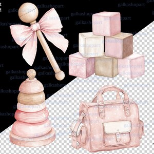 Pink Baby Girl Clipart Set: Watercolor Nursery Decor, Stroller, Toys ...