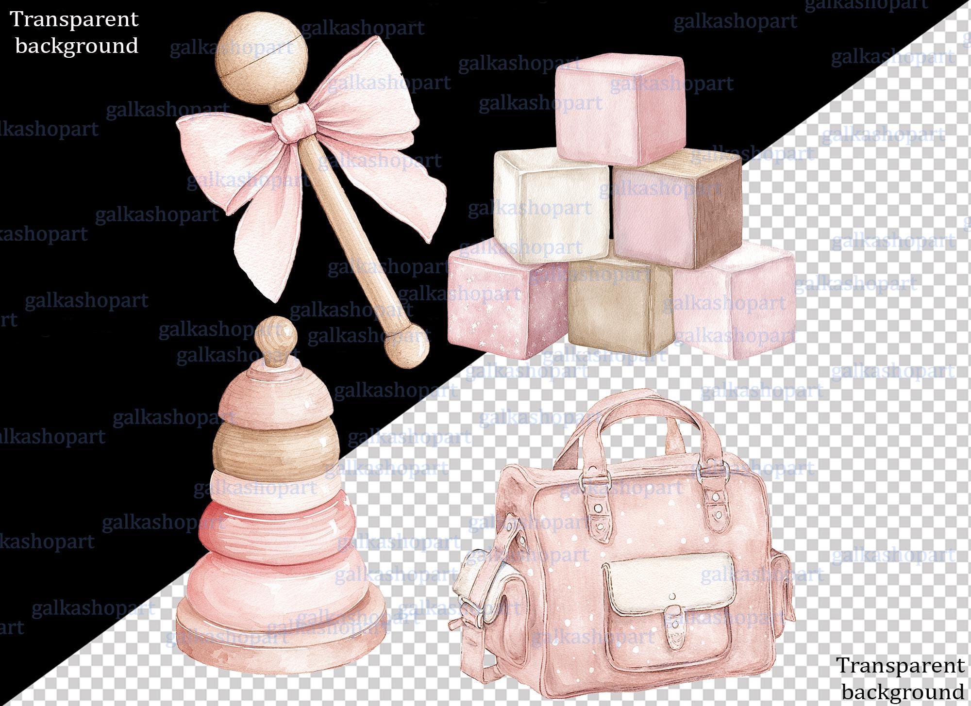 Pink Baby Girl Clipart Set: Watercolor Nursery Decor, Stroller, Toys ...
