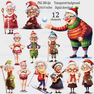 Noël drôle vieilles dames Clipart PNG, grand-mère, mère Noël de la plage, skieuse d'hiver, grand-mère de dessin animé mignon, grand-mère elfe joyeuse