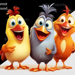 May include: Three cartoon birds, one yellow, one blue, and one orange, are standing side-by-side with their mouths open and smiling. They are all looking at the viewer.