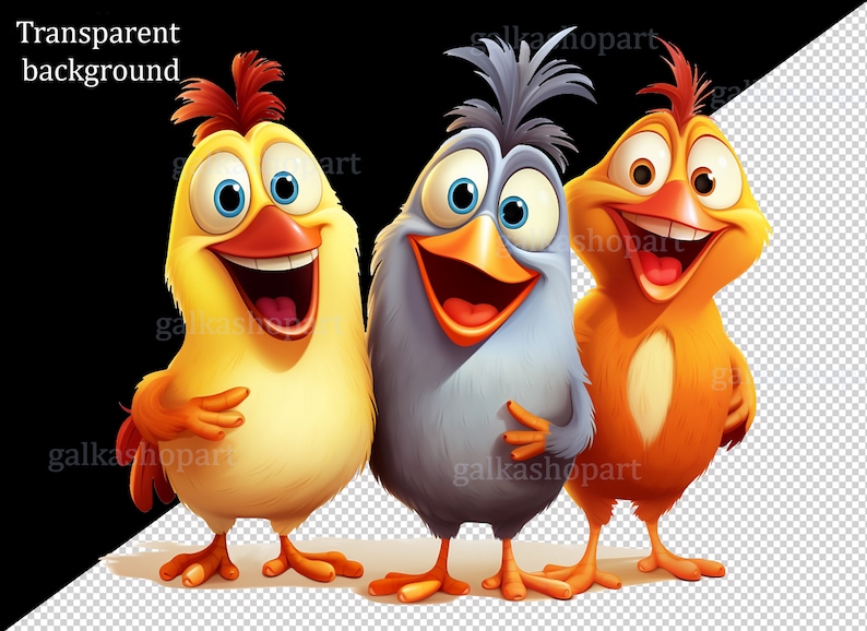 May include: Three cartoon birds, one yellow, one blue, and one orange, are standing side-by-side with their mouths open and smiling. They are all looking at the viewer.