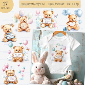Conjunto de imágenes prediseñadas de bienvenida para bebé, anuncio de nacimiento, fiesta de revelación de género para baby shower, osito de peluche de acuarela con cartel, globo, caja de regalo, flores, pajarita