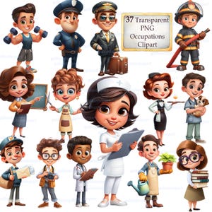 Puede incluir: Una colección de 37 imágenes prediseñadas PNG transparentes que presentan ilustraciones de dibujos animados de varias ocupaciones. Las imágenes incluyen un bombero, una enfermera, un piloto, un oficial de policía y otras profesiones. El texto "37 Transparent PNG Occupations Clipart" es visible.