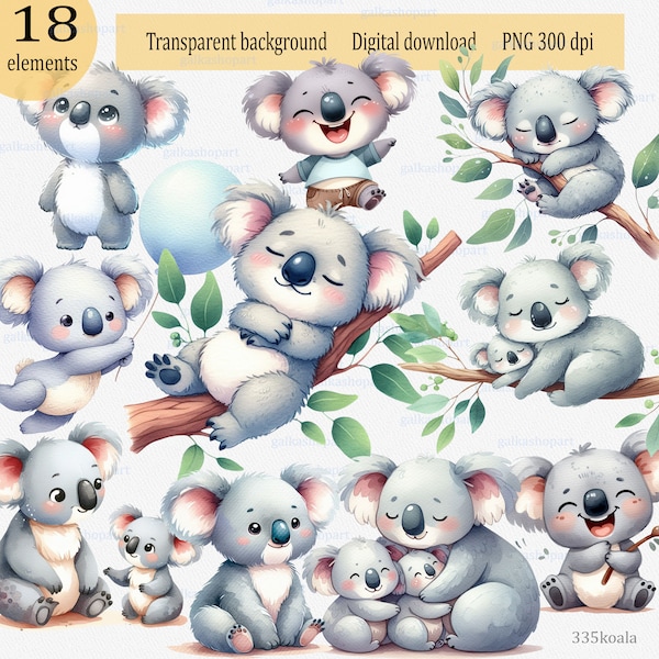 Cute koala watercolor PNG clipart for sublimation: kawaii baby bear eucalyptus little animal, Welcome Baby image, New Born card illustration