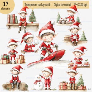 Aquarel schattige kerstelf clipart png: rode kerstman helpers met plank sneeuwpop slee cupcake geschenkdoos mok sneeuwbalboom; Kerstontwerp