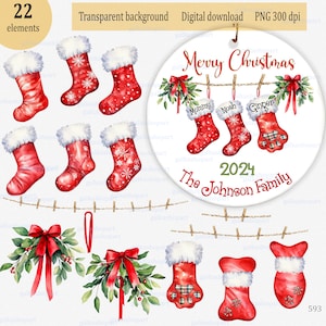 Clipart de Noël PNG avec des branches de gui, des noeuds rouges et des cordes à linge avec des bas pour la sublimation, aquarelle pour animaux de compagnie, ajoutez votre nom