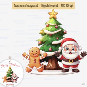 Père Noël et bonhomme en pain d'épice sur fond d'arbre de Noël ; Conception PNG par sublimation pour grand-père ou père, clipart aquarelle pour grand-père ou père