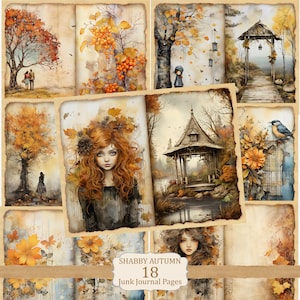 Shabby Autumn Scenes Junk Journal Kit: fall background printable Pages, Digital Papers, Collage Sheets