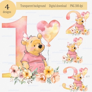 Verjaardag aquarel sublimatieontwerpen "Baby Winnie de Poeh" voor kinderen van 1-3 jaar van dochter kleindochter nichtje: teddybeer, png PNGEgg
