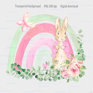 Sublimationsdesign PNG auf transparentem von Peter Rabbit in der Nähe von Regenbogen der Blume: Aquarell für die Herstellung von Duscheinladungskarte, Kinderzimmer