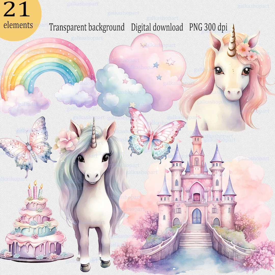 Pastel Unicorn Clipart Set PNG: Watercolor Rainbow Pony, Princess ...