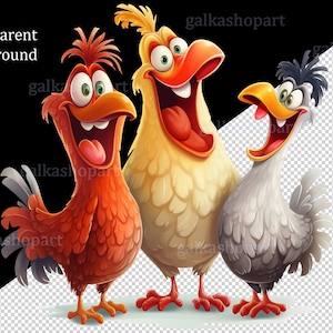 May include: Three cartoon chickens with open beaks and wide eyes, one red, one yellow, and one gray, against a transparent background.
