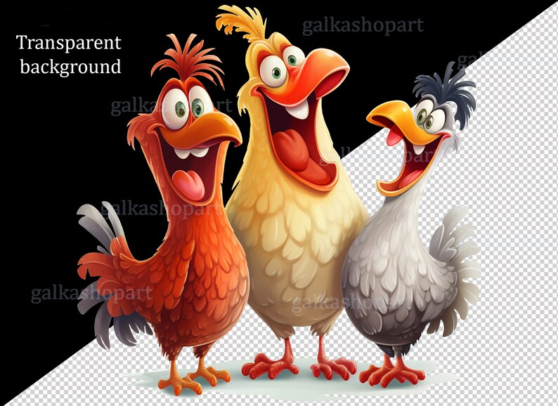 May include: Three cartoon chickens with open beaks and wide eyes, one red, one yellow, and one gray, against a transparent background.