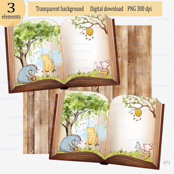 Classic Winnie the Pooh watercolor clipart PNG in form of an open vintage book for making party decorations: invitation cards, welcome signs