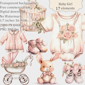 Baby Girl clipart, Printable junk journal kit, Collage Sheet, Ephemera kit, beige and pink colors, vintage Shabby chic style, Fuzzy cuts