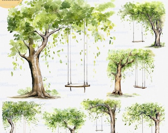 Summer tree and hanging swing on its branch - Watercolor clipart PNG, Forest Deciduous Trees, Botanical Digital Art, Nature Green Woodland