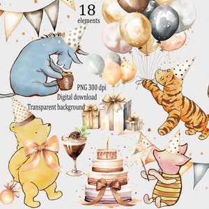 Classic Winnie the Pooh & Friends Holiday Clipart - 18 Neutral Watercolor PNGs for Baby Shower, Birthday Party and Nursery Decoration