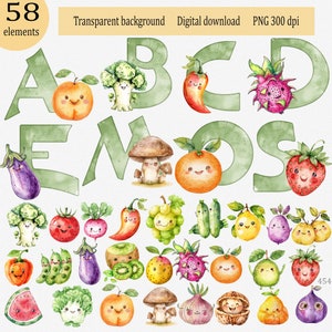 Watercolor Kawaii Fruit & Vegetable Alphabet PNG Clipart: 58 Individual Learning Letters for Nursery Wall, Monogram, Printable Poster Decor