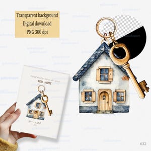 Novo design de cartão de casa para personalização, lembrança de boas-vindas da casa de campo, chaveiro aquarela PNG clipart para sublimação, casa de campo e chave