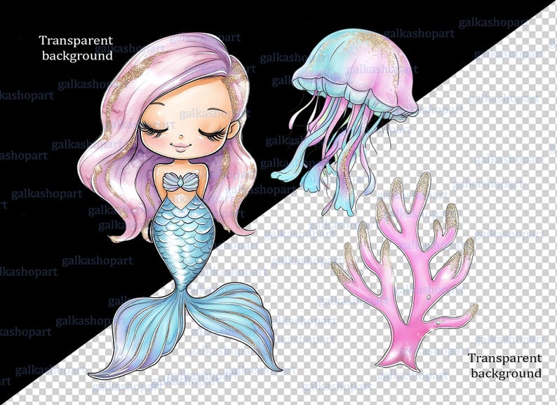 Mermaid Clipart PNG Bundle, Watercolor Ocean Princess Characters ...