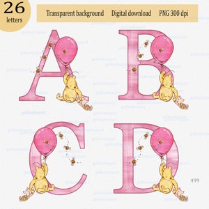 Alfabeto rosa clásico de Winnie the Pooh y Piglet: clipart de acuarela PNG, letra individual con oso y cerdo volando en globo, monograma de niña