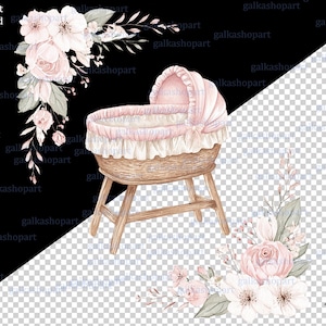 Pink Baby Girl Clipart Set: Watercolor Nursery Decor, Stroller, Toys ...