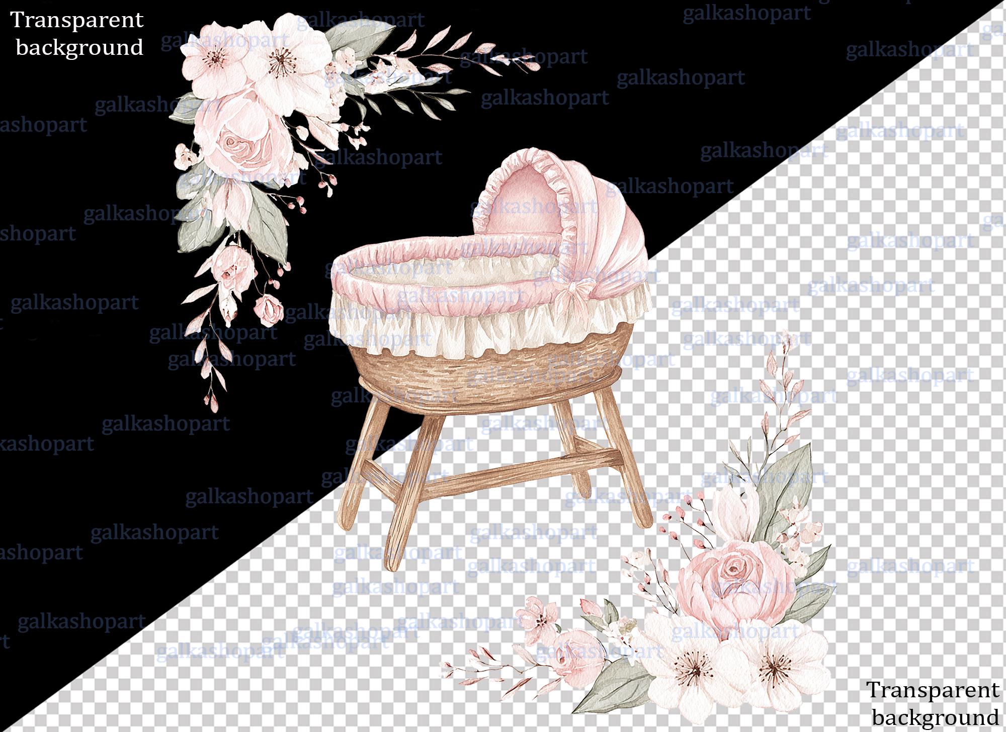 Pink Baby Girl Clipart Set: Watercolor Nursery Decor, Stroller, Toys ...