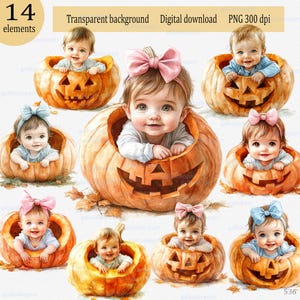 Clipart bébé citrouille PNG : Adorable fille et garçon en citrouille d'Halloween pour la récolte d'automne, Halloween, Thanksgiving, art de la sublimation automne nouveau-né